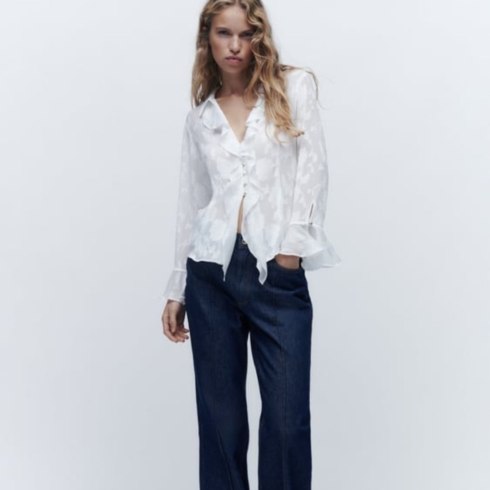 NEW ΖARA WHITE RUFFLED JACQUARD SHIRT SIZE L